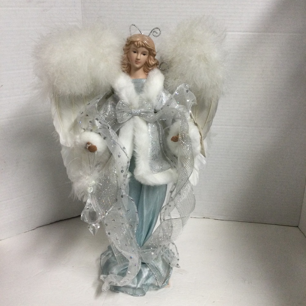 Dan Dee Angel Figurine White Blue Silver Accents Wings White feather Vintage